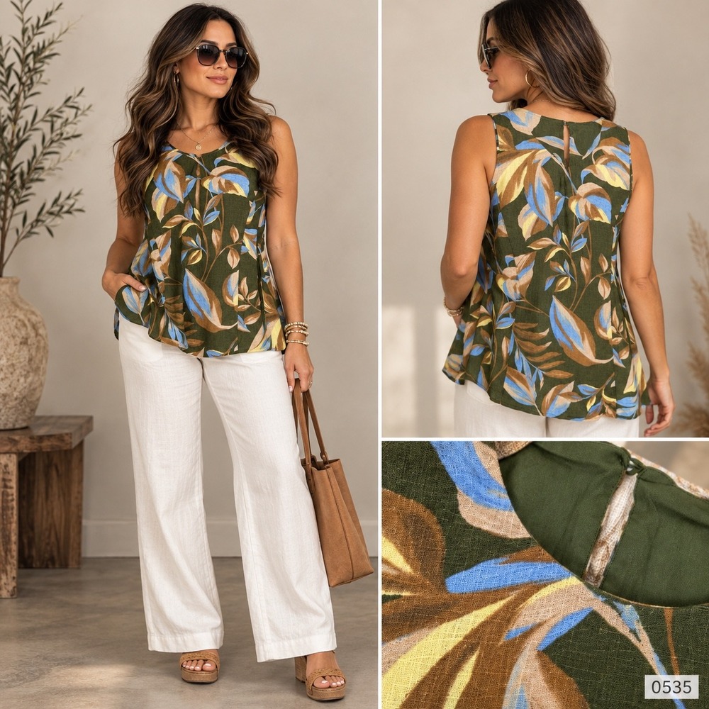 White Closet Elements Green Floral Linen Blend Sleeveless Top Size S 0534/0535